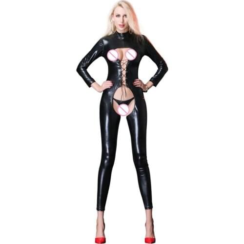 Sexy Women PU Faux Leather Hollow Open Crotch Bodysuit Cosplay Bandage Punk Lace Up Body Stockings Sexy Lingerie Plus Size F47
