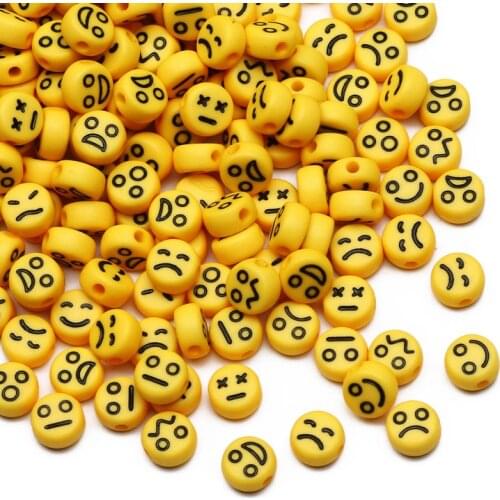 Mixed Yellow Acrylic Beads Emotional Face Flat Round Loose Spacer Beads For Jewelry Making DIY Handmade Emotion Bracelet Gift