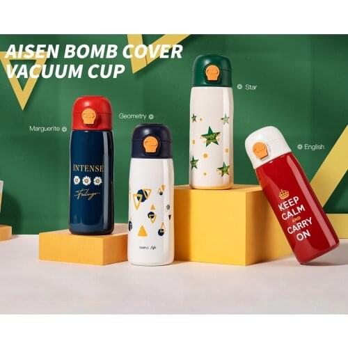 Thermos Mug with Pop-up Lid Cartoon Pattern Sealed Leak-proof Silicone Handle Equipment Heat Preservation Vacuum Cup