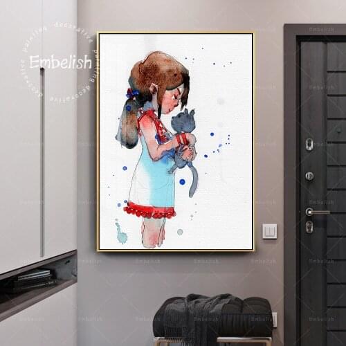 Embelish Watercolor Little Girl In White Hmong Dress Cartoon Wall Posters ForKids Childrens Living Room Pictures Canvas Painting