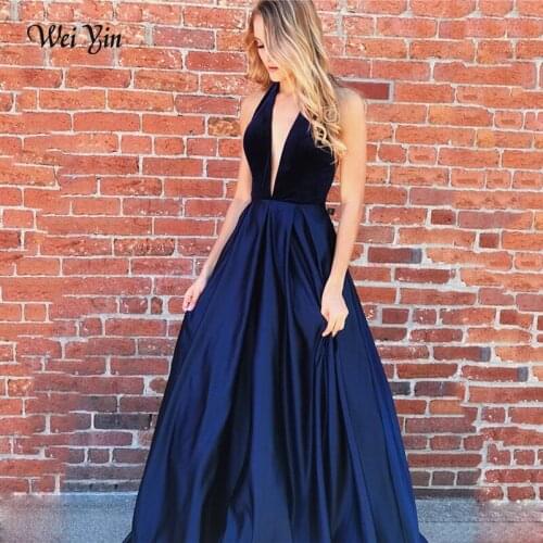 Weiyin AE0575 Navy Blue Long Evening Dress Halter Backless Floor Length Sexy Prom Party Gowns High Quality Arabic Women Dresses