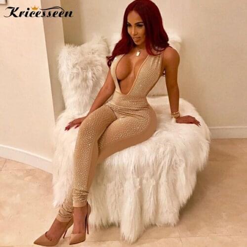 Kricesseen Sparkle Rhinestone Studded Skinny Romper Women Jumpsuits Fashion Halter V Neck Sequins Club Overalls Birthday Outfits