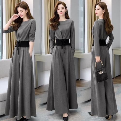 Women Elegant Solid Outfits 2021 Spring Autumn New Fashion Crop Top And Wide Leg Long Pants Two Piece Set Ladies Winter Clothing