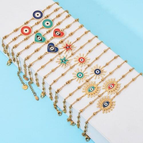 ZMZY Fashion Boho Gold color Chain Stainless Steel Bracelets Evil Eye Enamel Charm Beads Bracelet Jewelry For Women Men Gifts