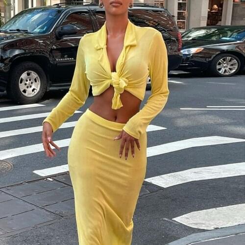 2021 Women Skirt Outfit Cotton Turn Down Collar Long Sleeve Bandage Crop Tops Solid Skirt Skinny Elegant Two Piece Set