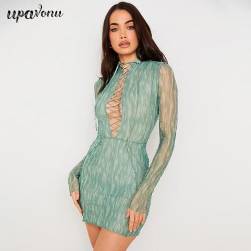 Free Shipping Sexy Hollow Cross Lace Mesh Dress 2021 Summer Women Stand Collar Long Sleeve Bodycon Mini Dress Club Party Vestido