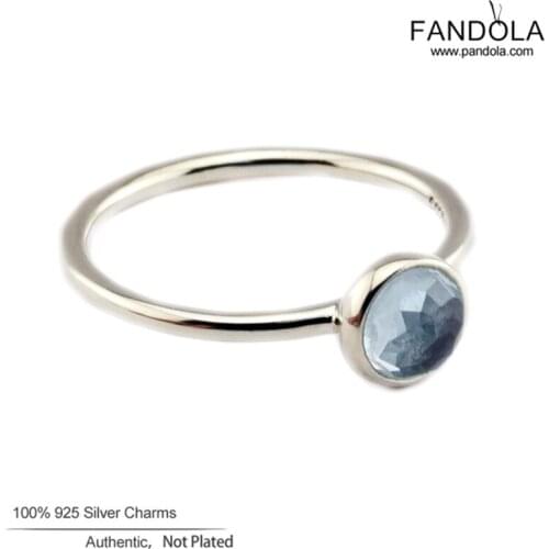 100% 925 Sterling Silver Ring March Droplet Aqua Blue Crystal Silver Wedding Rings for Women Men Jewelry bagues pour femme