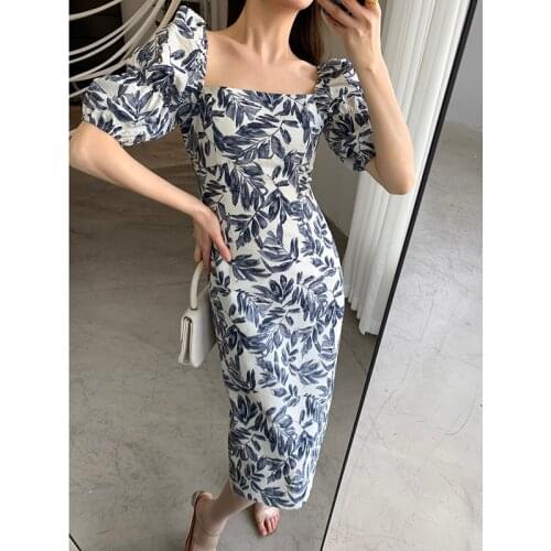New Summer 2021 Women Dress Clothing Short Puff Sleeve Elegant Ladies Bodycon Printed Party Sexy Vestidos Dresses