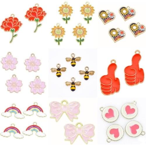 100Pcs/Lot Enamel Sunflower Daisy Cherry Blossoms Charms Bee Rainbow Pendant Earring Necklaces Crafts DIY Jewelry Accessories