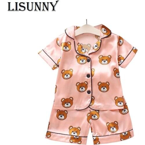 2020 Summer Children Pajamas set Toddler Kids short sleeve home sleepwear Boys Girls satin cartoon bear infant Baby nigntwear