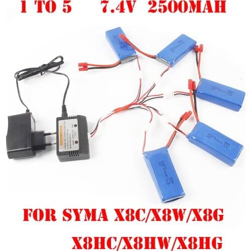 5pcs 7.4V 2500mAh 25C Battery 1 to 5 Charger Cable + Balance Charger for Syma X8C/ X8W/X8G /X8HC /X8HW /X8HG RC QuadCopter