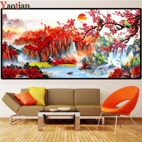 DIY 5D Diamond Painting Red Trees,Waterfall,Bird And Flower Full Drill Square Round Handmade Crafts Diamond Mosaic Cross Stitch