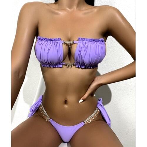 Shiny Diamond Bikini Sexy Push Up Bandeau Swimsuit Female Crystal Swimwear Women Brazilian Triangle Strappy Biquini Bathing Suit