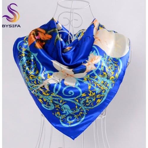 [BYSIFA] Ladies Silk Scarf Shawl Hijab 90*90cm Female Luxury Brand Pink Lily Square Scarves Wrap Spring Autumn Muslim Head Scarf