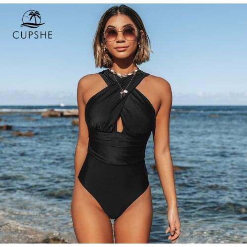CUPSHE Black Deep Feelings Cross One-piece Swimsuit Women Plain Cutout Halter Swimwear 2021 Beach Sexy Bathing Suit Swimsuits