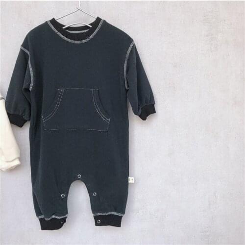 Korean childrens clothing baby autumn clothing baby contrast color cuffed clothes baby one-piece long sleeve Khaki clothes