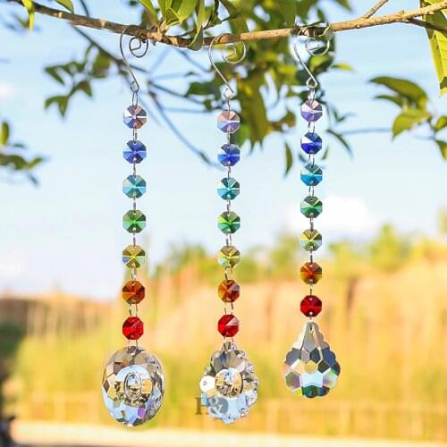 H&D Set Of 3,Crystal Oval Prism Rainbow Maker Chakra Hanging Suncatcher Window Sun Cacther with Ocatgon Beads for Xmas Gift