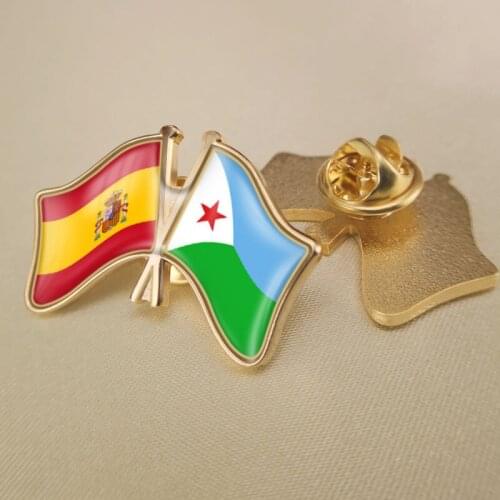 Spain and Djibouti Crossed Double Friendship Flags Lapel Pins Brooch Badges