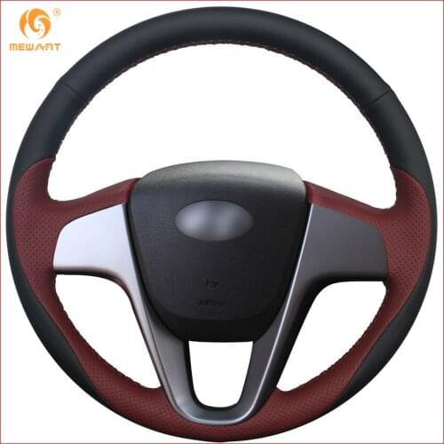 MEWANT Black Wine Red Leather Car Steering Wheel Cover for Hyundai Solaris 2010-2016 Verna 2010-2016 i20 2009-2015 Accent Parts