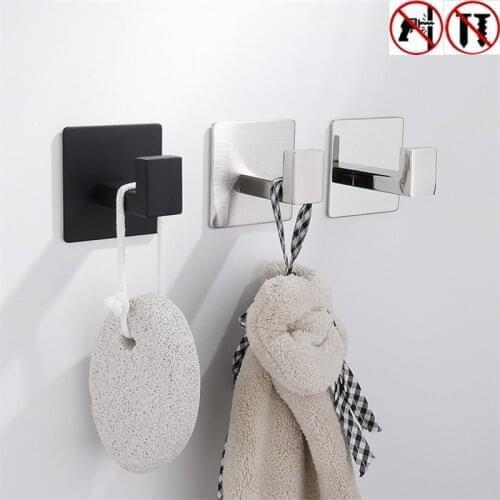 No Screw Stainless Steel Self Adhesive Bathroom Square Robe Hook Coat Hat Door Hook Hanger Bathroom Accessories