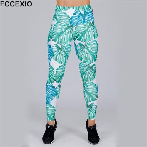 FCCEXIO New Style Outdoor Sportswear Elastic Force Skinny Banana Leaf Print Leggings Women Workout Fashion Autumn Leggings