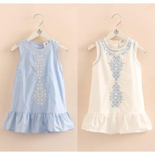2021 Hot Summer 2-10 Years Old Brief Kids Lace Embroidery Flower Floral Sleeveless Flounce Vest Tank Sundress Girls Dress Cotton