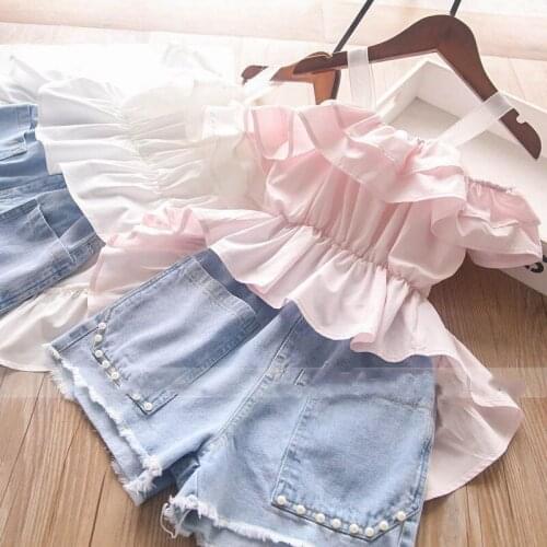 Summer Girls' Suit Sweet Sling Dovetail Dress Top+Pearl Denim Shorts European American Style ChildrenS Baby Kids Clothing Sets