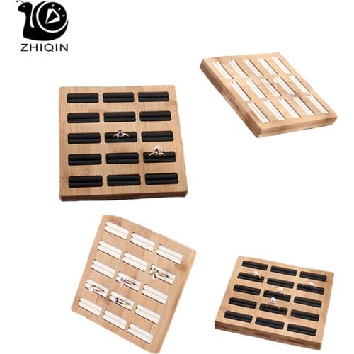 15 Grids Rings Storage Tray Jewelry Display Rack Bamboo PU/Velvet Jewelry Rings Organizer Rack Display Shelf Showcase