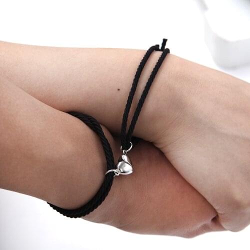 2 PCS Magnetic Bracelet Stainless Steel Love Heart Pendant Charm Couple Bracelets for Lover Friend Rope Bracelets Magnet Jewelry