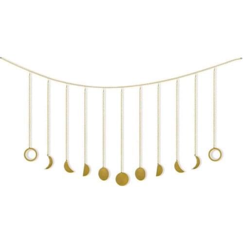 Metal Round Piece Sun Moon Phase Pendant Wall Hanging Decorations With Chain For Background Living Room Bedroom Kids Room Xmas
