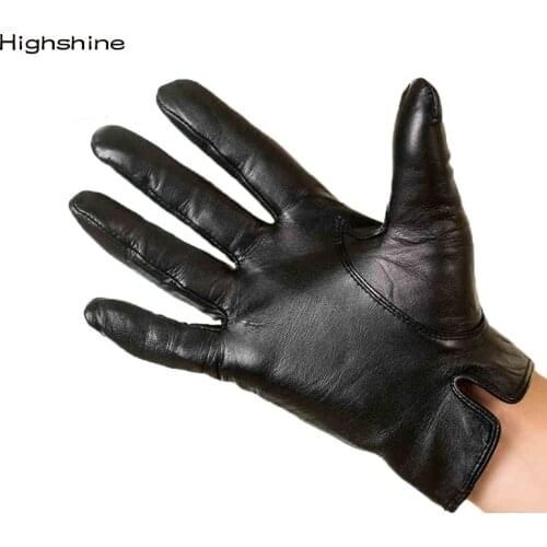 HIGHSHINE Mens Genuine Leather Gloves Real Sheepskin Black Touch Screen Gloves Button Fashion Brand Winter Warm Mittens New