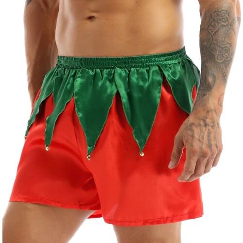 New Men Shiny Soft Satin Christmas Elf Costume Sexy Male Boxer Shorts Holiday Santa Claus Fancy Cosplay Party Underwear