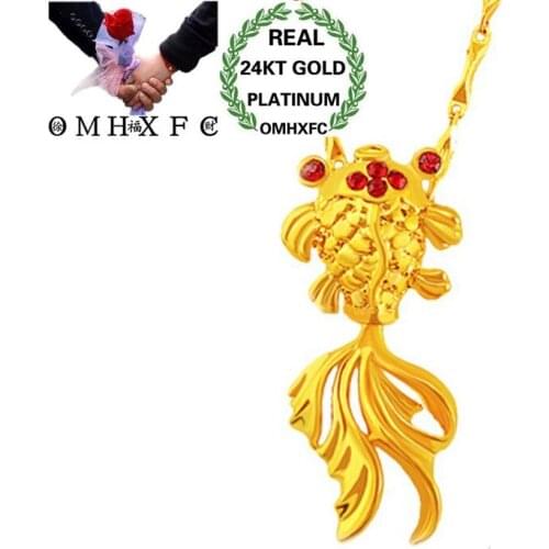 OMHXFC Wholesale European Fashion Woman Unisex Party Birthday Wedding Gift Goldfish Zircon 24KT Real Gold Charm Pendant PN248