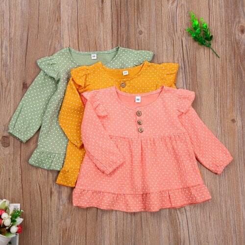 0-5Y Baby Girls Long Sleeve Dress, Round Collar Fly Sleeves Wave Points Printed Pattern One-piece For Spring