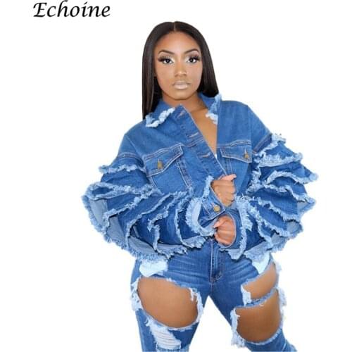 Sexy Ruffled Denim Jacket Women Long Sleeve Crop Top Ladies Fashion Steetwear Button Pockets Winter Spring Clothes Party Wear