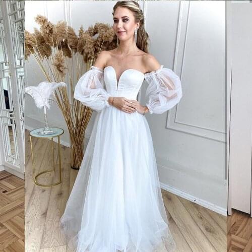 Simple Wedding Dress Tulle Puff Sleeve 2021 Sweetheart Floor length Low Back Bridal Gown Beach Cheap For Women Lady Robe De