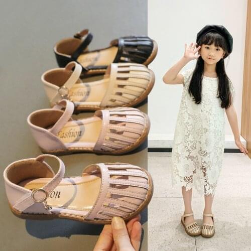 Girls Toes-capped Sandals Summer New Sweet Lady Girl Princess Shoes Children Soft Sole Fashion Flats Hollow Non-slip Breathable