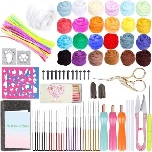 LMDZ 25 Colors Wool Felt Needle Felting Fabric Craft Kit Starter Yarn Roving DIY Fox Spinning Sewing Needle Felting Starter Kit