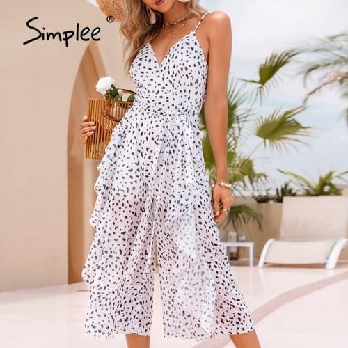 Simplee Casual Beach Leopard Spot Print Jumpsuit Summer Holiday Spaghetti Strap V-neck Lace-up Jumpsuit Female Ruffle Jumpsuit