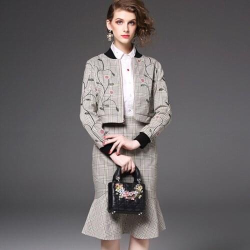 Spring and Autumn new womens temperament collar plaid suit embroidery package hip fishtail skirt suit OL Two pieces / sets