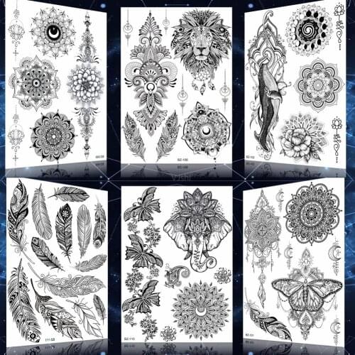 Butterfly Lion Floral Waterproof Tattoos Stickers Genasha Elephant Fake Tattoos For Women Female Girl Temporary Black Lace Tatoo