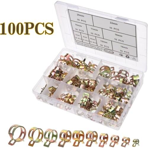 100PCS 6-20mm Fuel Line Hose Clips Water Pipe Zinc Plated Spring Clips Air Tube Silicone Vacuum Hose Clamp Fastener Storage Box