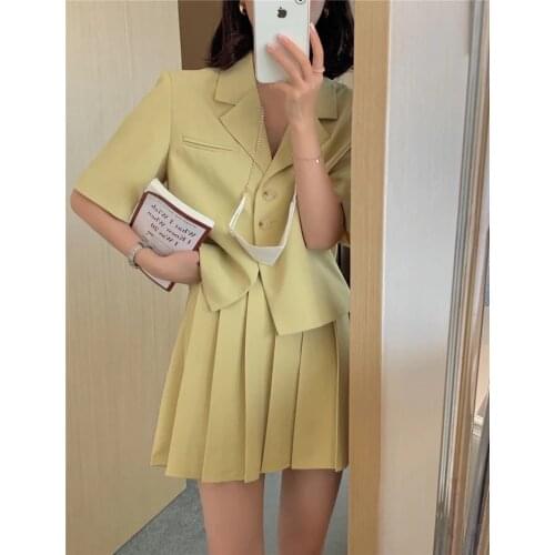 Summer Elegant Women Pleated Skirt Suits Solid Double Breasted Blazer High Waist A-Line Mini Skirts Female Outfit 2 Pieces Set