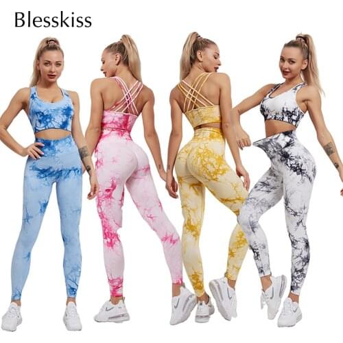 BLESSKISS 2 Two Piece Seamless Yoga Sets Women Gym Clothes Printed Fitness Sportswear High Waist Leggings Sport Suits Workout