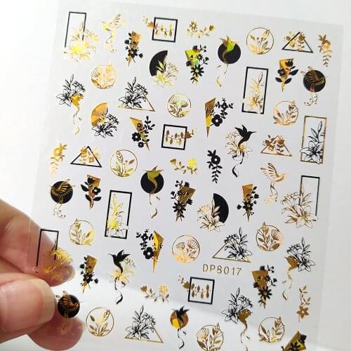 1pcs Black Gold Design 3D Stickers Nail Decals Flowers Leaves Laser Shinning Manicure Decoration Nail Art Slider Adhesive Tip