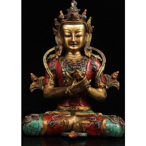 10" Nepal Buddhism Temple Old Bronze gem Painted outline in gold King Kong always holds Buddha statues Vagadara statue