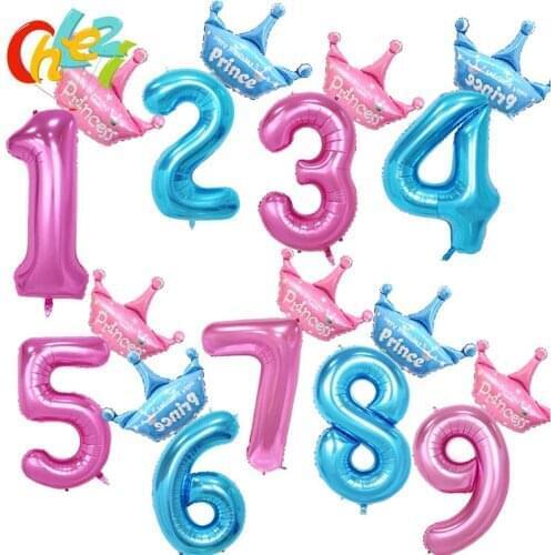 32inch 40inch Number+Crown balloon Princess Prince baby adult birthday Anniversary Party decoration Blue Pink digital Balloons