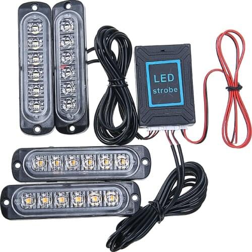 4Pcs 6 LED 12V White Yellow Remote Control Emergency Hazard Flash Strobe Light Dash Warning Lamp Universal for Car Truck