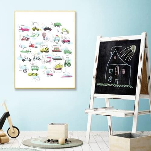 Kids Boys Gift Transportation Vehicle Car Alphabet Poster Art Print Nursery Educational Wall Art Canvas Painting Boys Room Decor