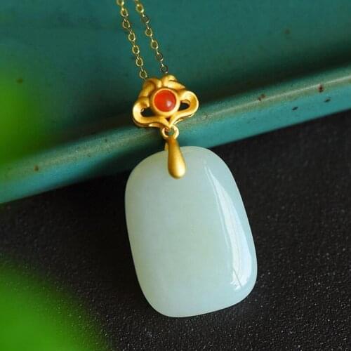 Designer original new ancient gold craftsmanship silver inlaid geometric Hetian jade necklace pendant elegant luxury jewelry